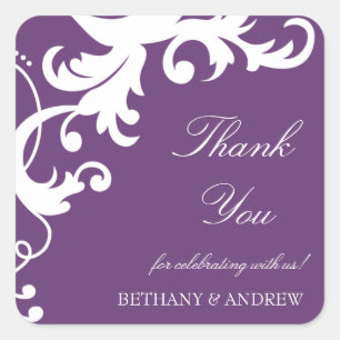 Plum Paarse Elegant Damask Dank u Stickers