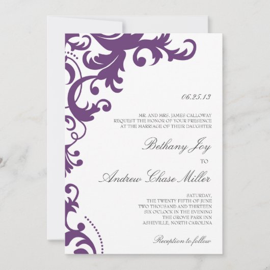 Plum Paarse Elegant Damask Wedding Invitation Kaart (Voorkant)
