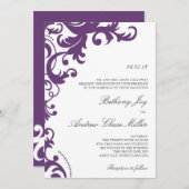 Plum Paarse Elegant Damask Wedding Invitation Kaart (Voorkant / Achterkant)