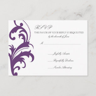 Plum Paarse Elegant Damask Wedding RSVP