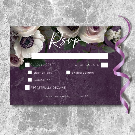 Plum Paarse Elegante Bloemen Modern Trouwdiner RSVP Kaartje