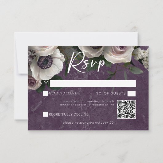 Plum Paarse Elegante Bloemen Moderne bruiloft QR-c RSVP Kaartje (Voorkant)