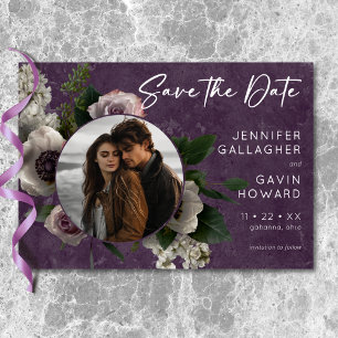 Plum Paarse Elegante Bloemen Moderne Trouwfoto Save The Date