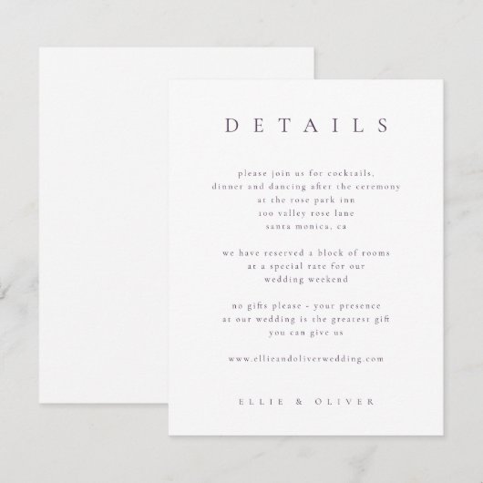 Plum Paarse Elegante Boho Details I Wedding Modern Informatiekaartje (Voorkant / Achterkant)