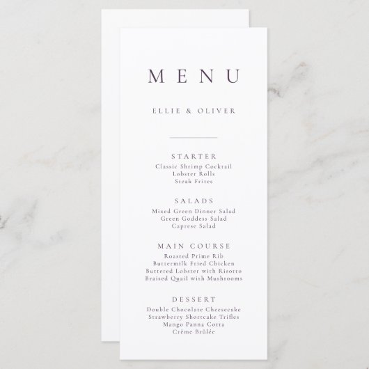 Plum Paarse Elegante Minimalistische Eenvoudige Pl Menu (Voorkant / Achterkant)