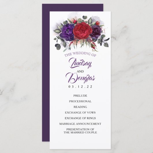 Plum Paarse en Bourgondische Floral bruiloft progr Programmakaart (Voorkant / Achterkant)