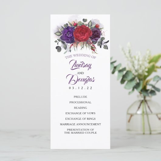 Plum Paarse en Bourgondische Floral bruiloft progr Programmakaart (Staand voorkant)