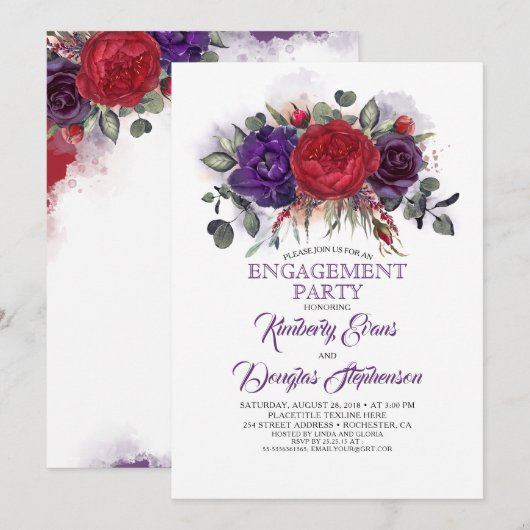Plum Paarse en Bourgondische Floral Engagement Par Kaart (Voorkant / Achterkant)