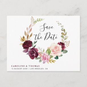 Plum paarse en perzik bloemensave the date briefkaart