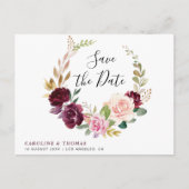 Plum paarse en perzik bloemensave the date briefkaart (Voorkant)