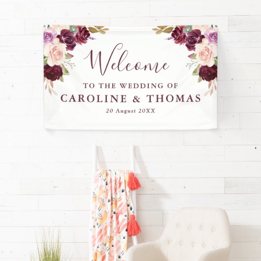 Plum paarse en perzik bloemenwelkomstbruiloft spandoek (Insitu)