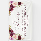 Plum paarse en perzik bloemenwelkomstbruiloft spandoek (Verticaal)