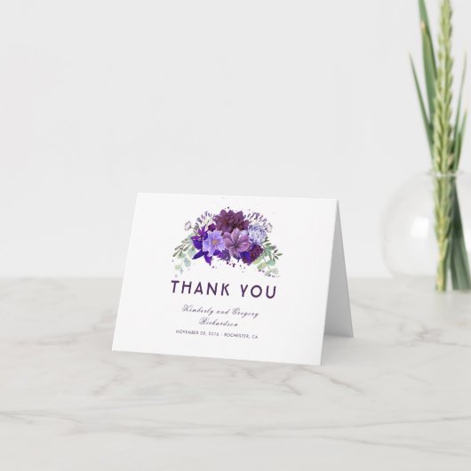 Plum Paarse en Violet Floral Wedding Bedankt (Voorkant)