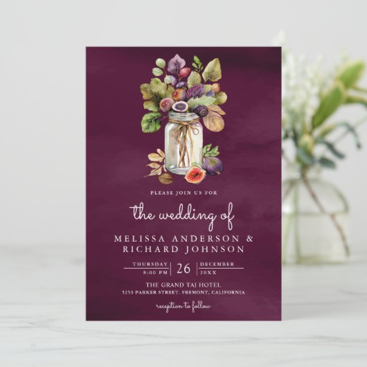 Plum Paarse Fig Mason Jar Alles in een bruiloft Kaart (Staand voorkant)