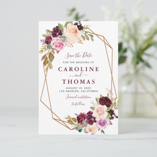 plum paarse florgeometrische bewaarder de datumkaa save the date (Staand voorkant)