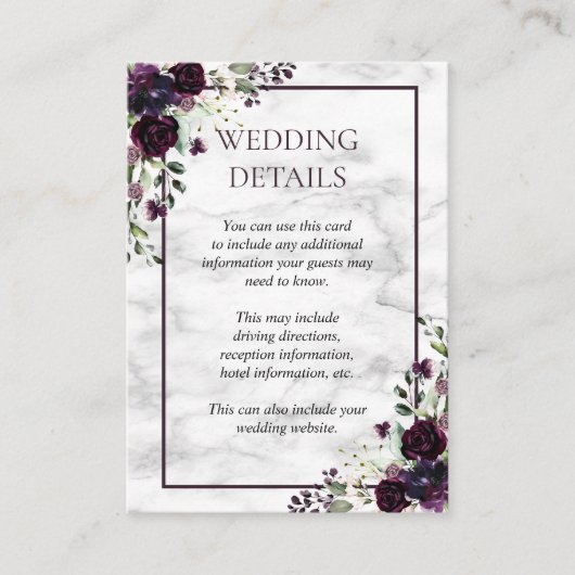 Plum Paarse Flower Marble Fall Wedding Details Informatiekaartje (Voorkant)