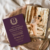 Plum Paarse Gold Leafy Crest foto bruiloft Folie Uitnodiging