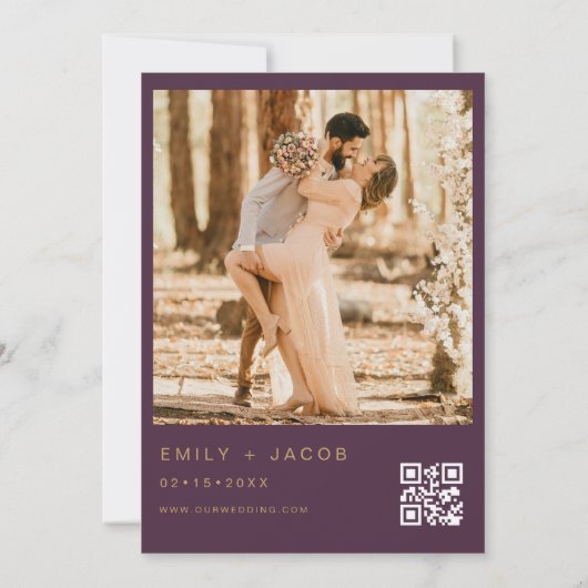 Plum Paarse Gold Wedding QR Code Fotoscript Kaart (Achterkant)