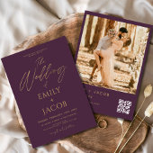 Plum Paarse Gold Wedding QR Code Fotoscript Kaart