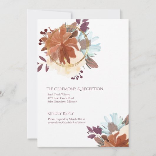 Plum Paarse gouden Herfst thema bruiloft uitnodigi Kaart (Achterkant)