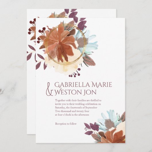 Plum Paarse gouden Herfst thema bruiloft uitnodigi Kaart (Voorkant / Achterkant)