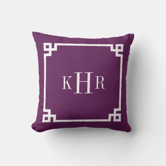Plum Paarse Griekse Key Border Custom Monogram Kussen (Voorkant)