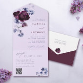 Plum Paarse & Indigo Blauw Elegante Bloemen Huweli All In One Uitnodiging