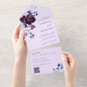 Plum Paarse & Indigo Blauw Elegante Bloemen Huweli All In One Uitnodiging (Afscheurbaar)