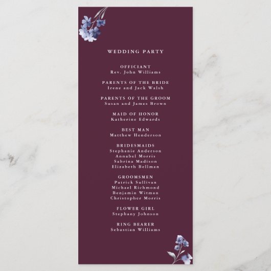 Plum Paarse & Indigo Blauw Elegante Bloemen Huweli Programmakaart (Achterkant)