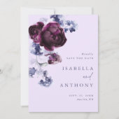 Plum Paarse & Indigo Blauw Elegante Bloemen Huweli Save The Date (Voorkant)