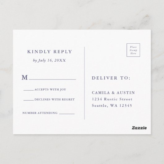 Plum Paarse & Indigo Blauwe Bloemen Huwelijk RSVP Briefkaart (Achterkant)