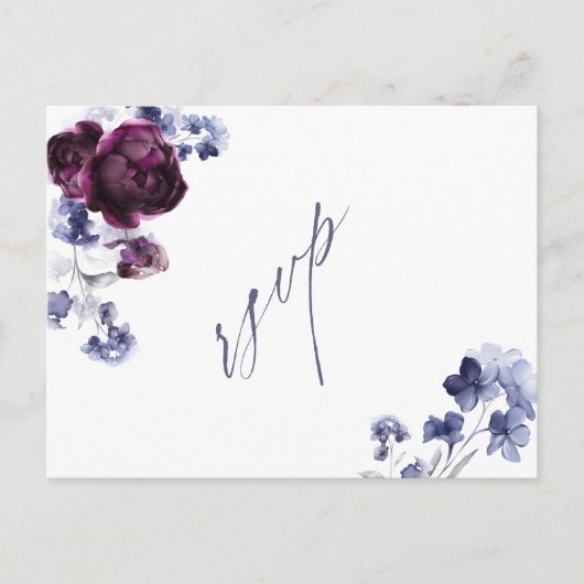 Plum Paarse & Indigo Blauwe Bloemen Huwelijk RSVP Briefkaart (Voorkant)