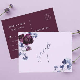 Plum Paarse & Indigo Blauwe Bloemen Huwelijk RSVP Briefkaart