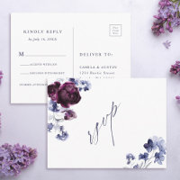 Plum Paarse & Indigo Blauwe Bloemen Huwelijk RSVP