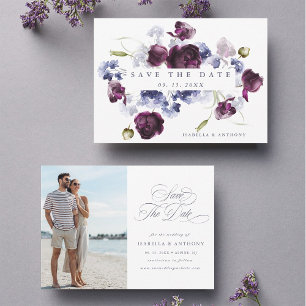 Plum Paarse & Indigo Blauwe Bloemen Trouwfoto Save The Date