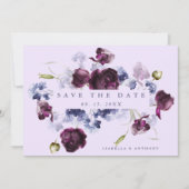 Plum Paarse & Indigo Blauwe Bloemen Trouwfoto Save The Date (Voorkant)