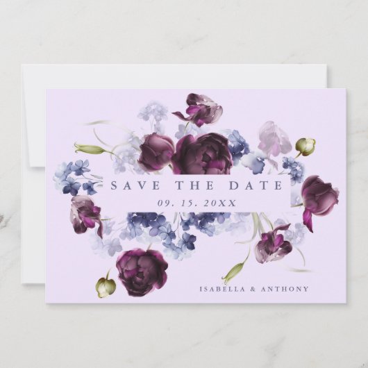 Plum Paarse & Indigo Blauwe Bloemen Trouwfoto Save The Date (Voorkant)