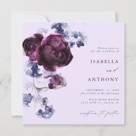 Plum Paarse & Indigo Blauwe Bloemen Trouwplein Kaart (Voorkant)
