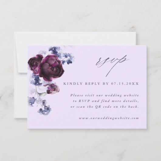 Plum Paarse & Indigo Blue Elegant Floral QR Code RSVP Kaartje (Voorkant)