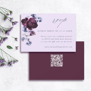 Plum Paarse & Indigo Blue Elegant Floral QR Code RSVP Kaartje