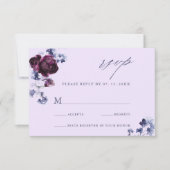 Plum Paarse & Indigo Blue Floral Elegante bruiloft RSVP Kaartje (Voorkant)