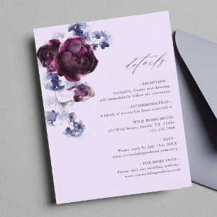 Plum Paarse & Indigo Blue Floral Wedding Details Informatiekaartje