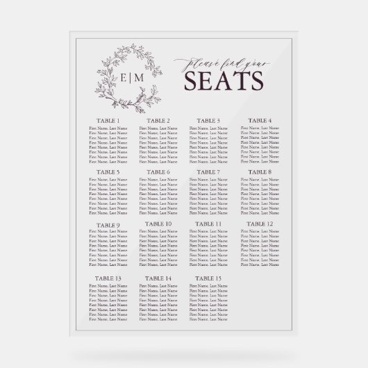 Plum Paarse Leafy Crest Monogram Trouwstoelen Acryl Bord (Voorkant)