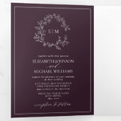 Plum Paarse Leafy Crest Monogram Weddenschap Drieluik Uitnodiging (Binnenzijde eerst)