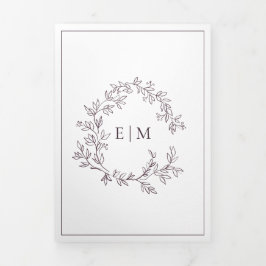 Plum Paarse Leafy Crest Monogram Weddenschap Drieluik Uitnodiging