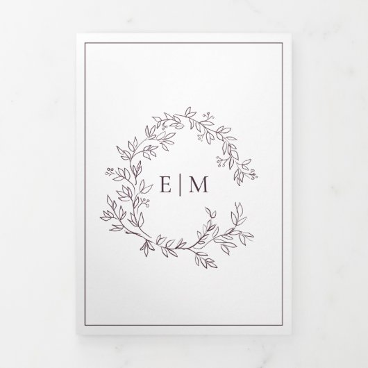 Plum Paarse Leafy Crest Monogram Weddenschap Drieluik Uitnodiging (Cover)