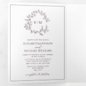 Plum Paarse Leafy Crest Monogram Weddenschap Drieluik Uitnodiging (Binnenzijde eerst)