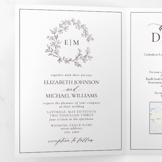 Plum Paarse Leafy Crest Monogram Weddenschap Drieluik Uitnodiging (Binnenzijde eerst)