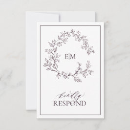 Plum Paarse Leafy Crest Monogram Wedding RSVP Card