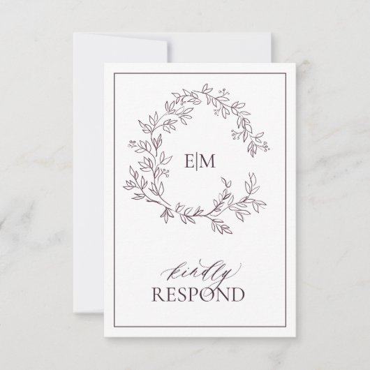 Plum Paarse Leafy Crest Monogram Wedding RSVP Card (Voorkant)